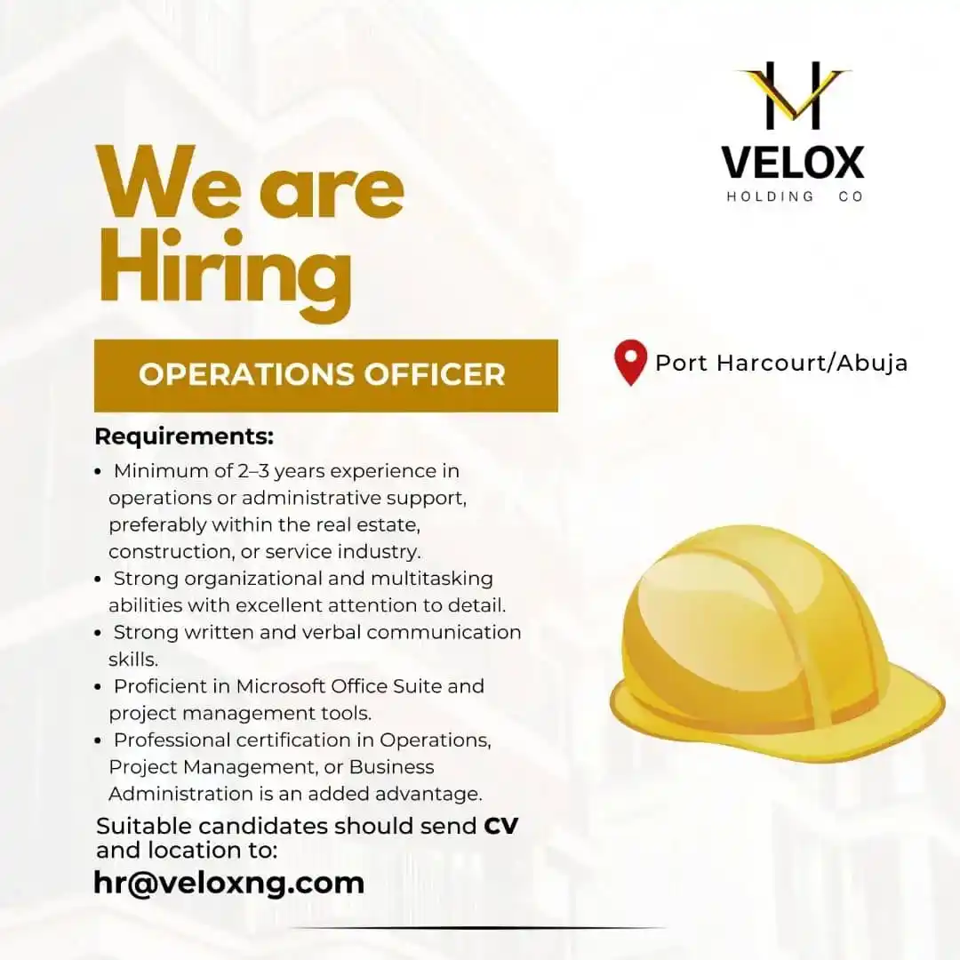 Image from Verifiable Jobs/ Opportunities With #AdetolaElegbeje: We are Hiring! Operations Officer Port Harcourt Are you passionate...