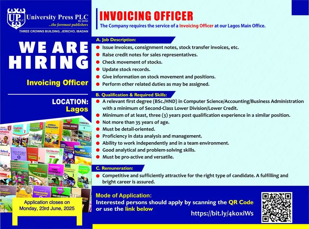 Image from Verifiable Jobs/ Opportunities With #AdetolaElegbeje: We are hiring!!! Position>>>Invoicing Officer Location>>> Lagos App...