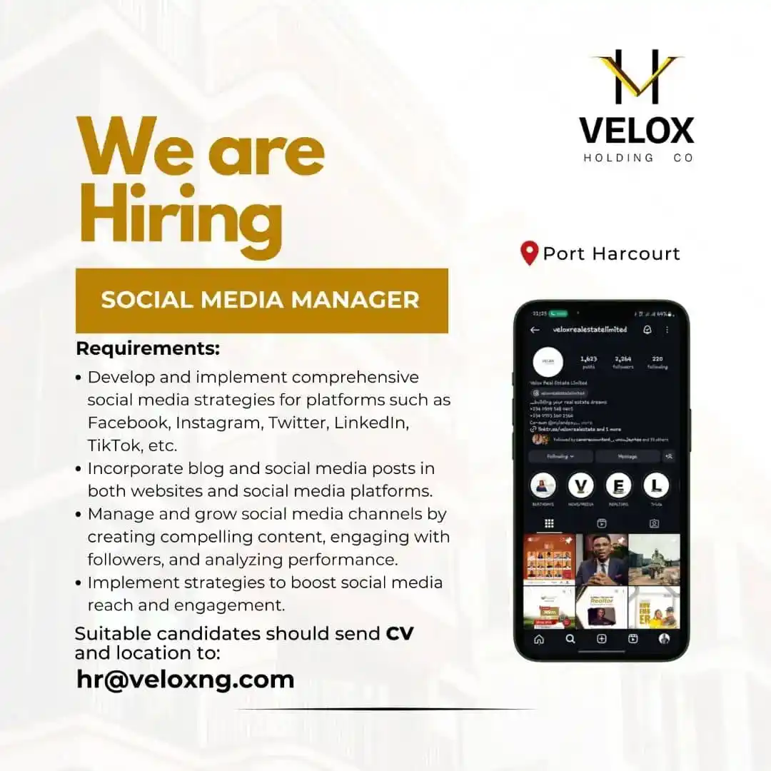 Image from Verifiable Jobs/ Opportunities With #AdetolaElegbeje: We are Hiring! Social media manager Port Harcourt Are you passion...