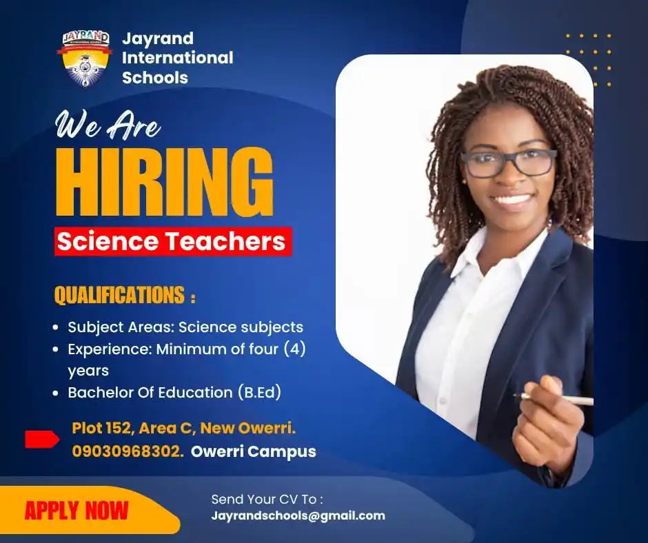 Image from Verifiable Jobs/ Opportunities With #AdetolaElegbeje: 🎓 WE’RE HIRING! 📍 Jayrand International Schools – Owerri Campus Are...