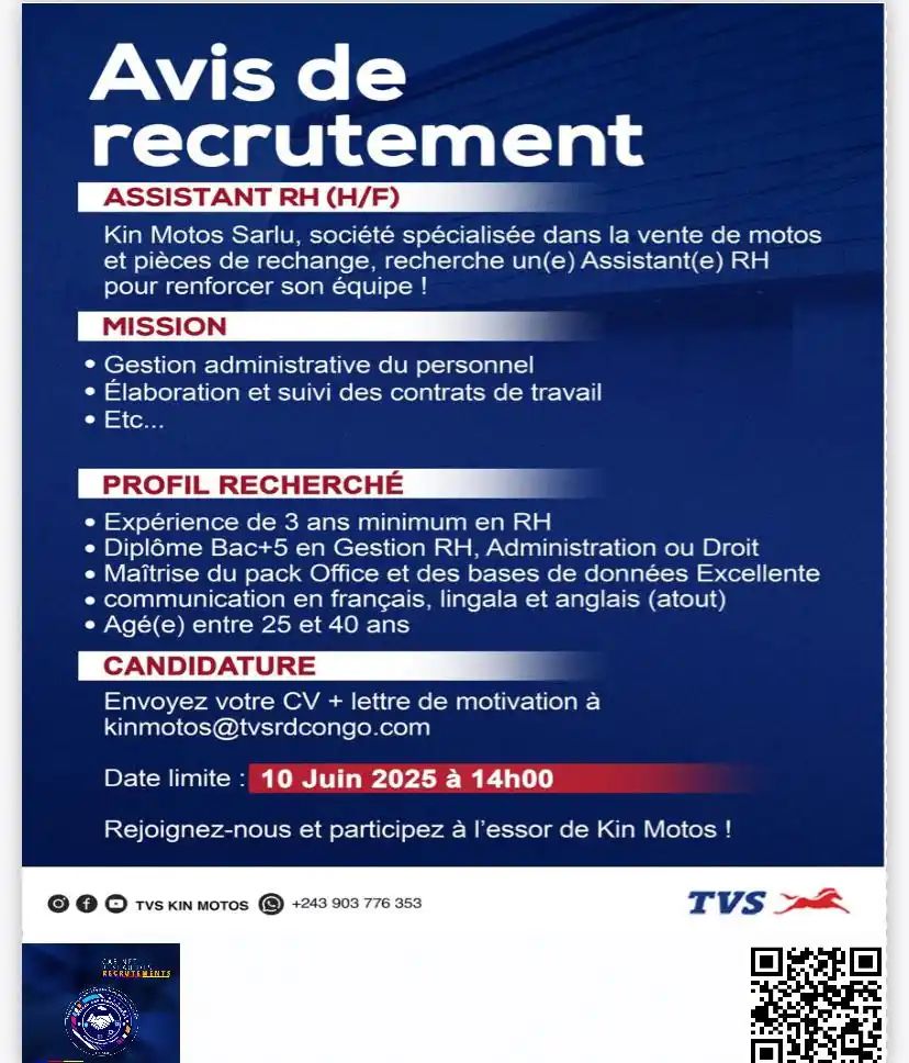 Image from Profil-infos.com: *AVIS DE RECRUTEMENT - ASSISTANT(E) RH* 📧Veuillez noter qu'il vous f...