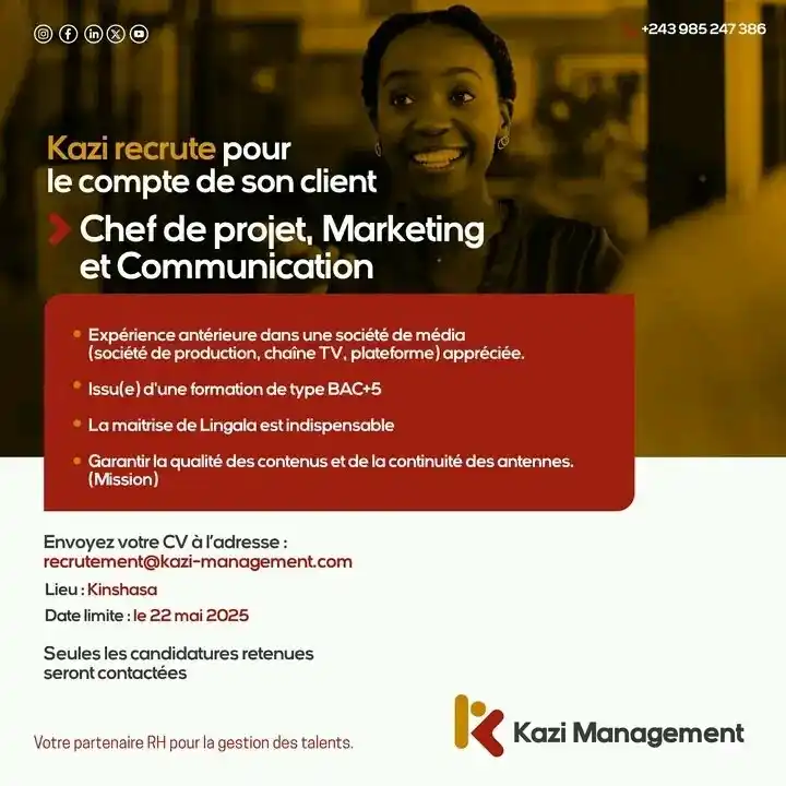 Image from Profil-infos.com: *AVIS DE RECRUTEMENT - CHEF DE PROJET MARKETING ET COMMUNICATION (Kins...