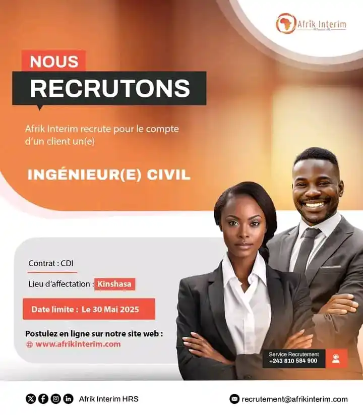 Image from Profil-infos.com: *AVIS DE RECRUTEMENT - INGENIEUR(E) (Kinshasa)* 📧Veuillez noter qu'i...