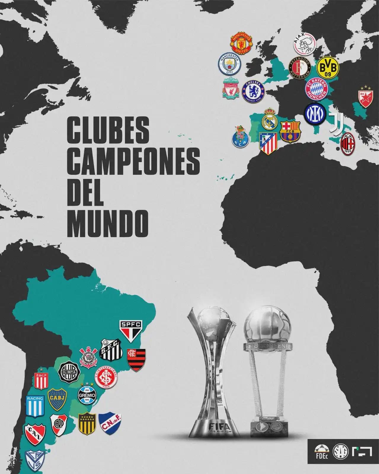 Image from EL SHOW DE VÉLEZ💙🤍: 🏆🗺️ El mapa de los clubes de fútbol campeones mundiales. 🔴 16 de U...
