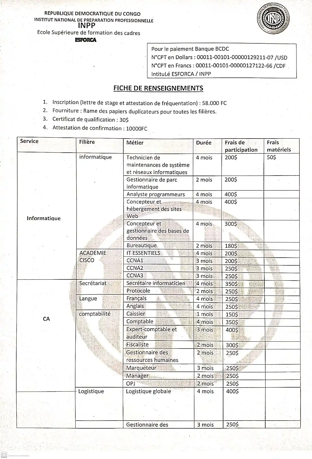 Image from Profil-infos.com: *Fiche de renseignements ESFORCA* L’École Supérieur de Formation des C...