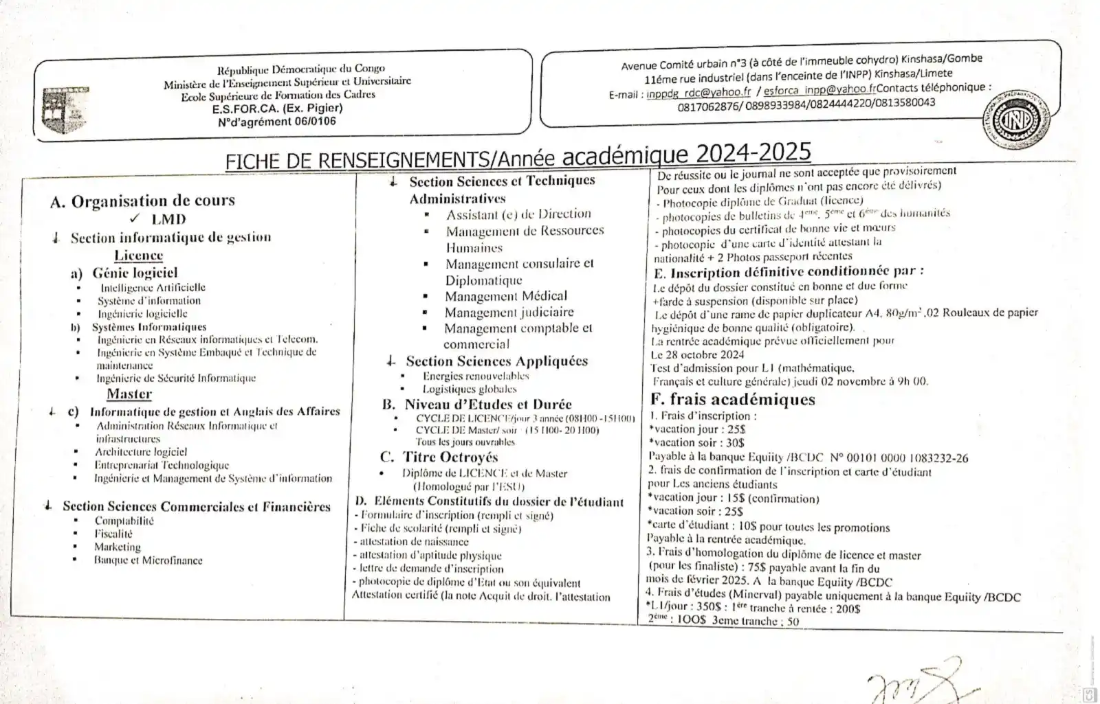 Image from Profil-infos.com: *Fiche de renseignements ESFORCA* L’École Supérieur de Formation des C...