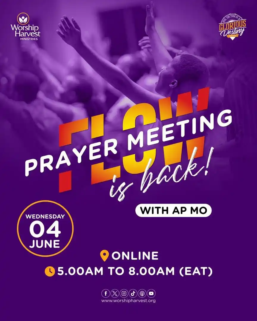 Image from Worship Harvest Ministries: ✨ *FLOW PRAYER* Meeting is on tomorrow, 5AM to 8AM, *ONLINE ONLY* A...