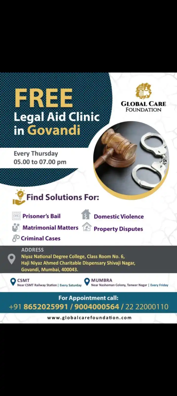 Image from Global Care Foundation: 🌍 *Global Care Foundation (NGO) ki Muft Kanooni Sahayata!* ⚖️ Kya Aa...