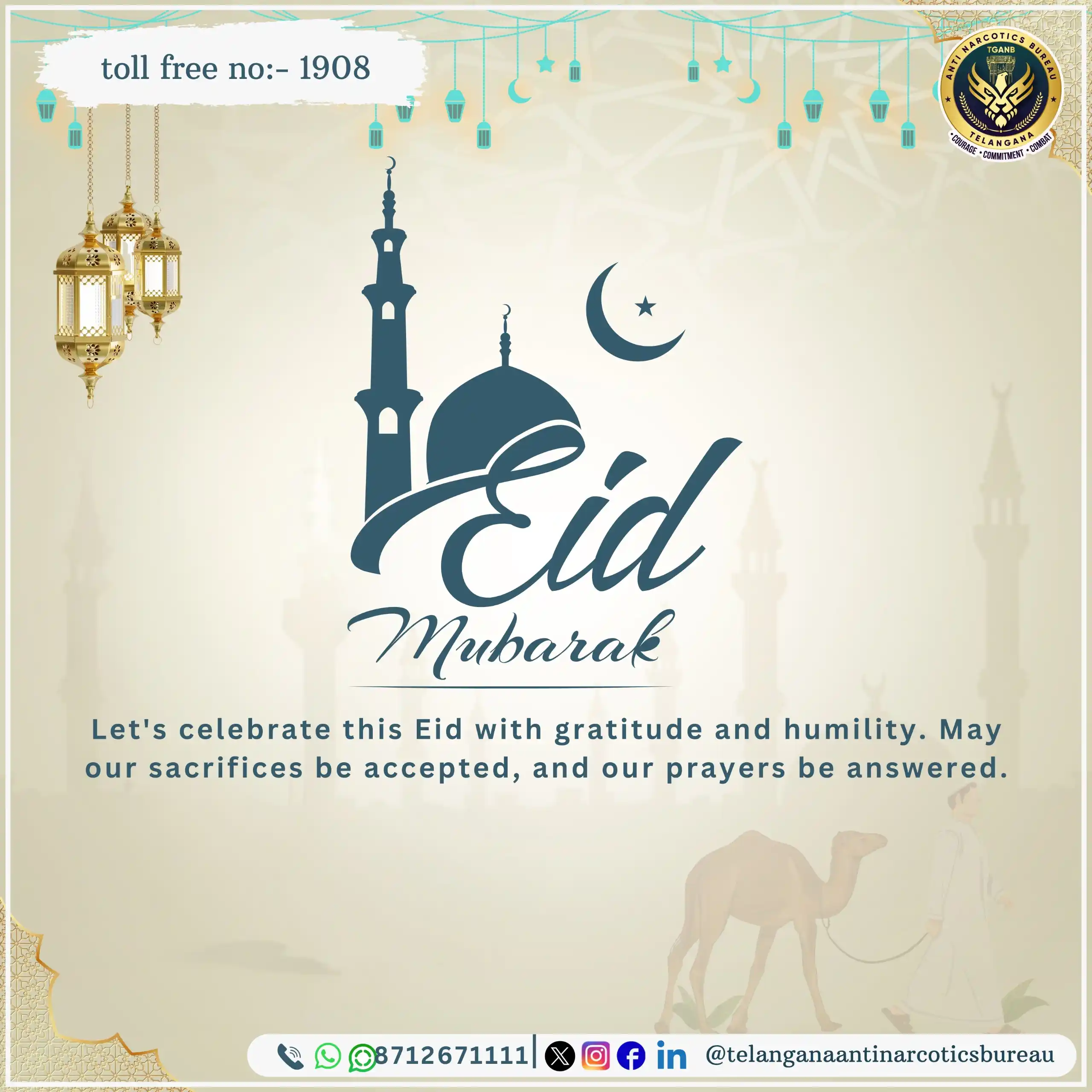 Image from Telangana Anti Narcotics Bureau (TGANB): This Eid, let us come together with hearts full of gratitude and humil...