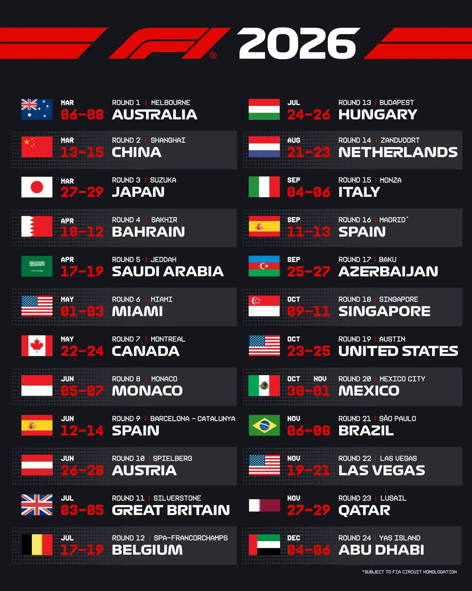 Image from F1 Central: Unveiling the new 2026 F1 Calendar! UPDATES • Canada now moves to ...