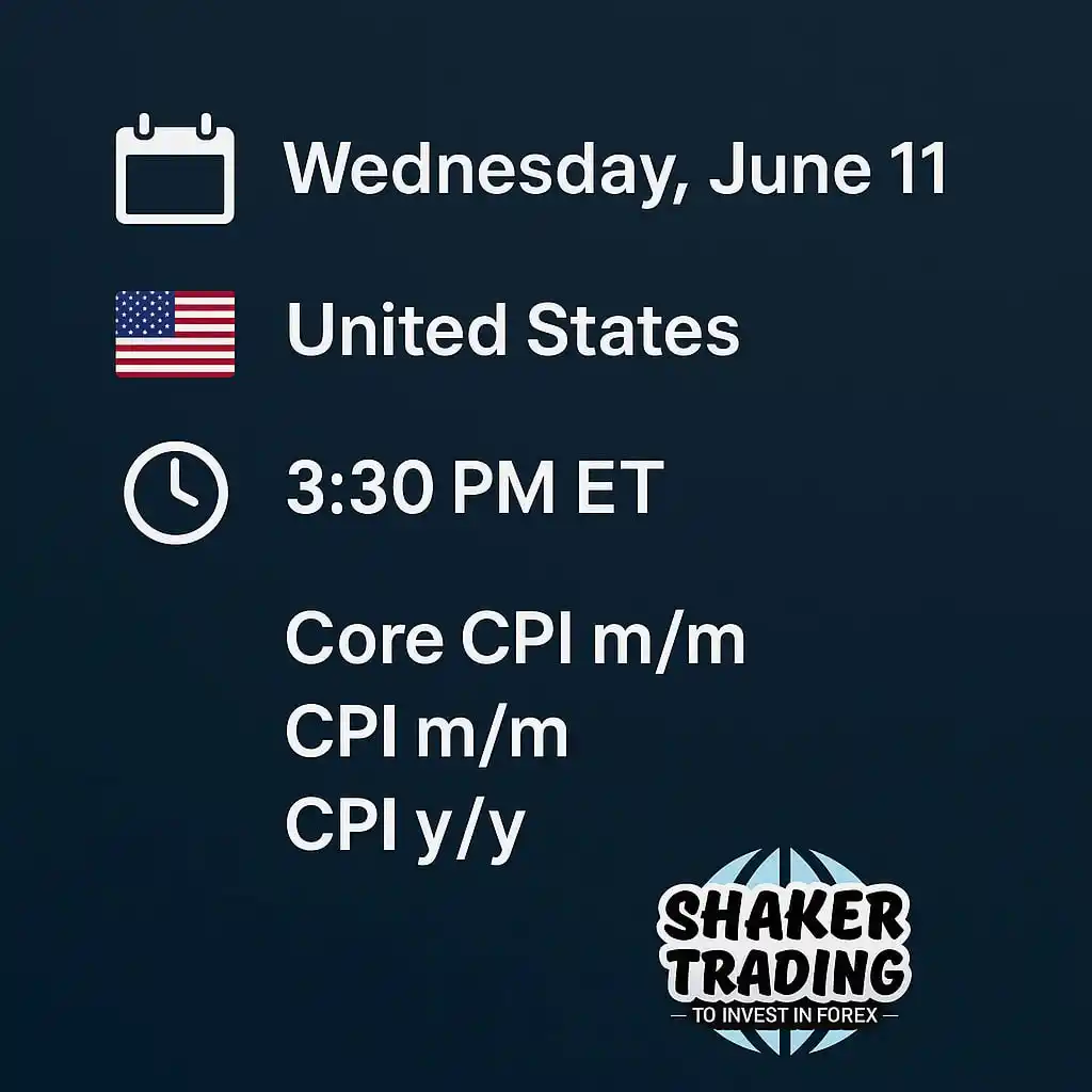 Image from SHAKER TRADING®: 📅 الأربعاء 11 يونيو – 🇺🇸 USD | 🕞 3:30pm – مؤشر أسعار المستهلكين ا...