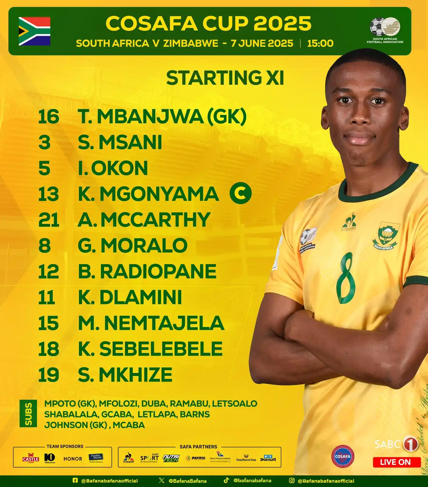 Image from sportswire.co.za: @BafanaBafana Cosafa XI against @online_zifa Mbanjwa; Msani, Okon, M...