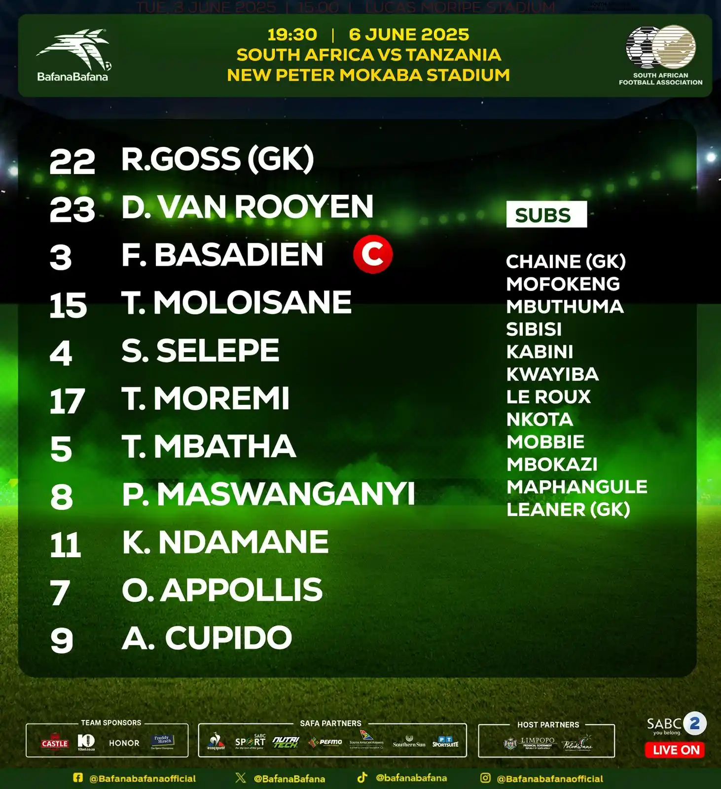 Image from sportswire.co.za: @BafanaBafana XI against @Tanfootball: Goss; Van Rooyen, Basadien, M...