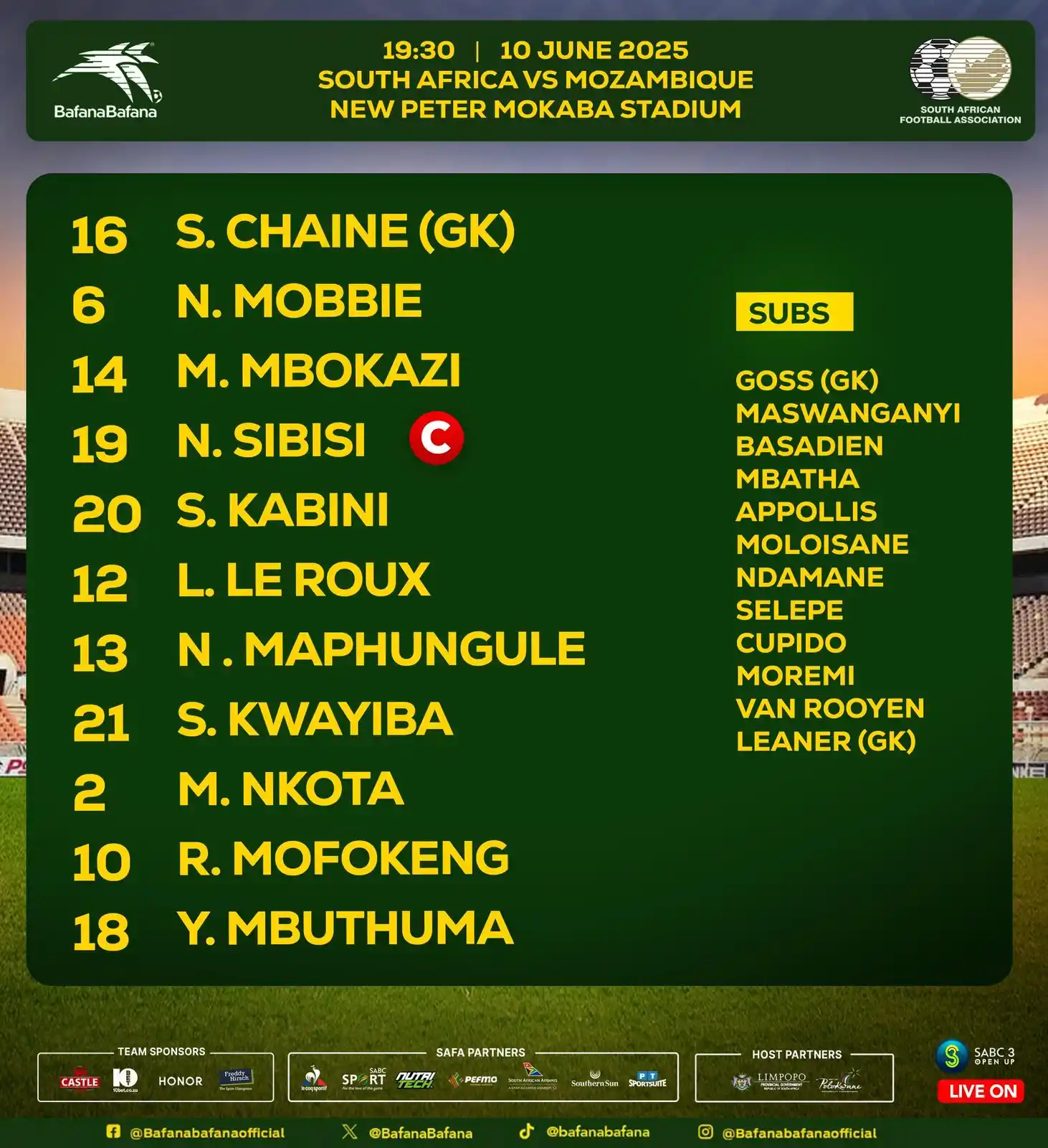 Image from sportswire.co.za: @BafanaBafana XI against Mozambique: Chaine, Mobbie, Sibisi, Mbokazi,...
