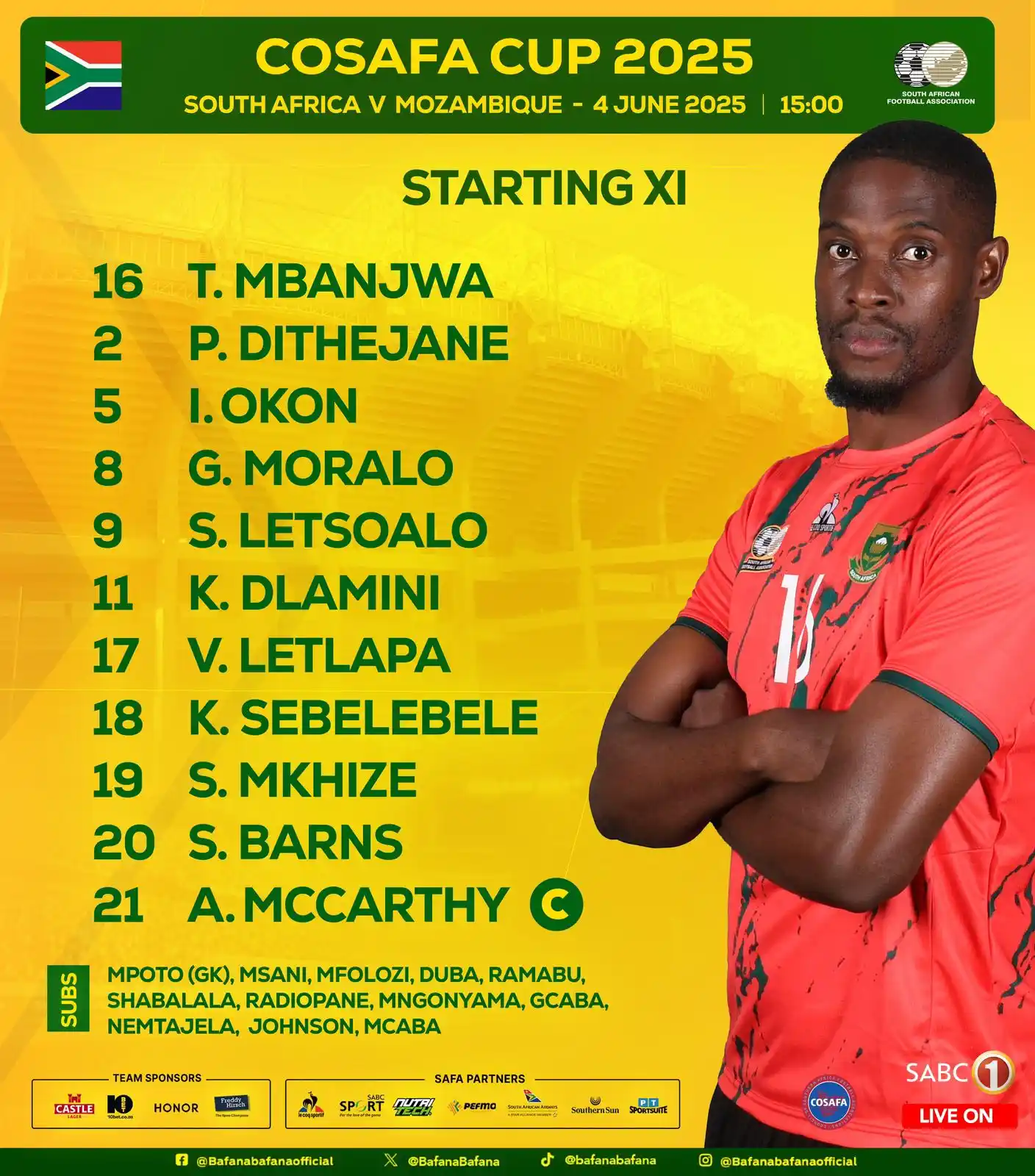 Image from sportswire.co.za: @BafanaBafana XI against Mozambique: Mbanjwa; Dithejane, Okon, Moral...
