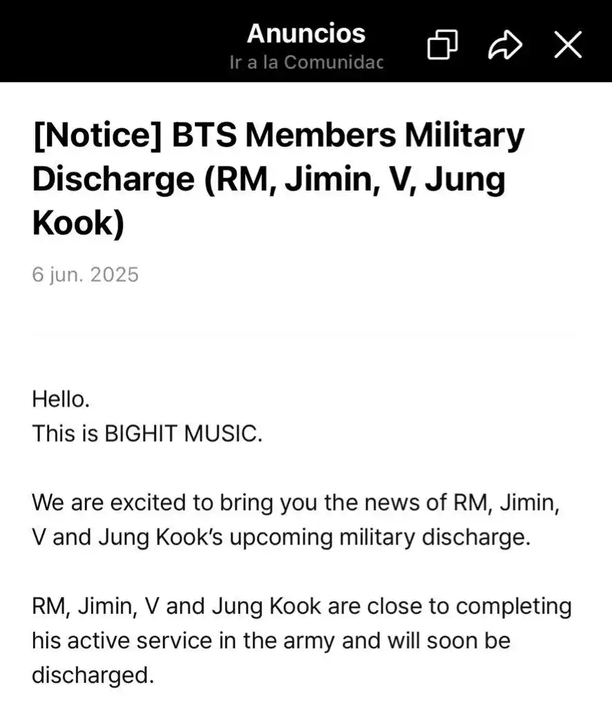 Image from BTS Fondos ARMY Colombia 🇨🇴💜🎧: 🎖️ [AVISO OFICIAL] 🎖️  BIGHIT MUSIC anuncia que RM, Jimin, V y Jung ...