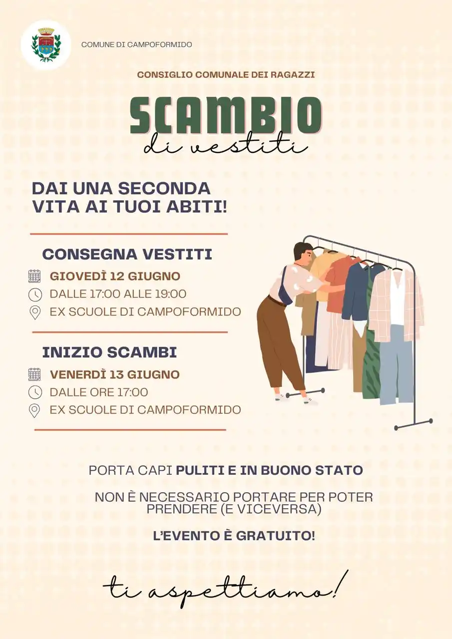 Image from Comune di Campoformido: *📣 Dai una seconda vita ai tuoi abiti!* Ti aspettiamo *oggi 12 giugn...
