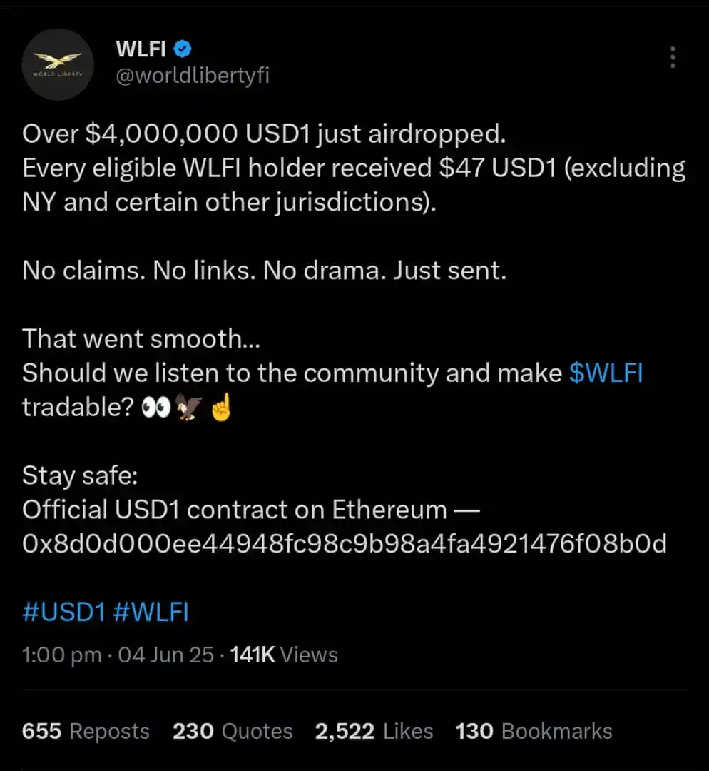 Image from DOBIS CRYPTO SERIES: Over $4,000,000 USD1 just airdropped. Every eligible WLFI holder recei...