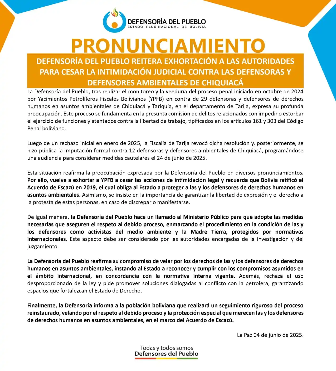 Image from Defensoría del Pueblo de Bolivia: *📜|| PRONUNCIAMIENTO* *DEFENSORÍA DEL PUEBLO REITERA EXHORTACIÓN A LA...
