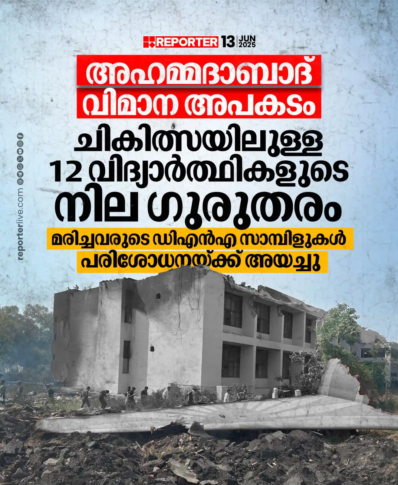 Image from Reporter TV: എയര് ഇന്ത്യയുടെ ബോയിംഗ് 787-8 ഡ്രീംലൈനര് വിമാനം ഇടിച്ചിറങ്ങിയ അപകടത്...