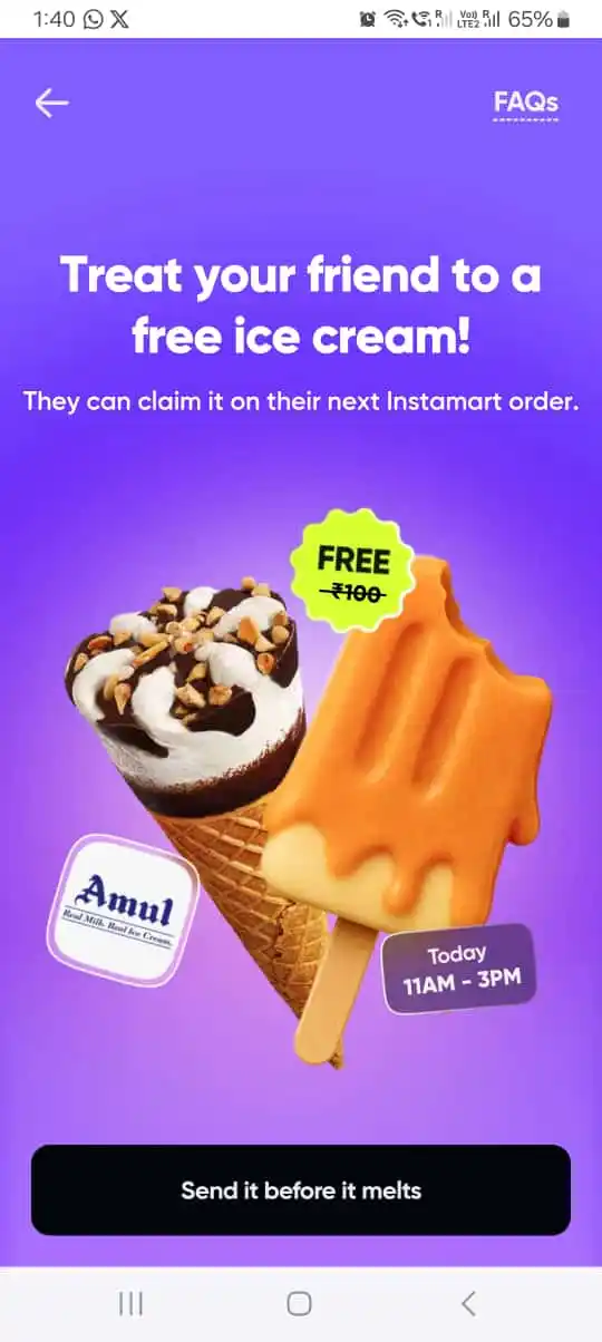 Image from Trickyscoop: FREE ice cream 🍦? Yup. On me!!! Just add it to your Swiggy Instamart...