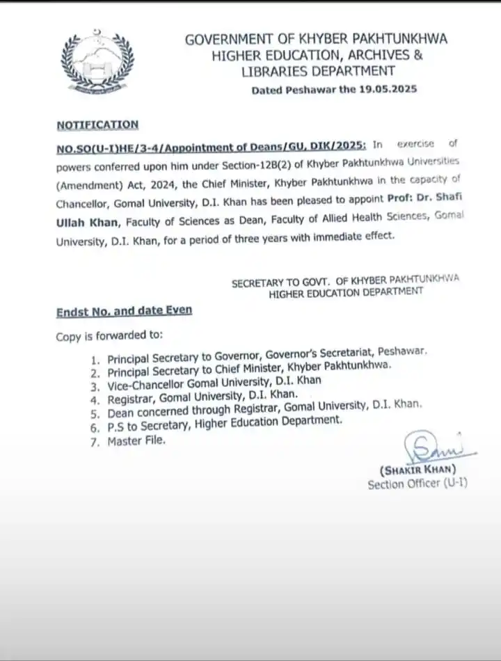 Image from Provost Section, Gomal University D.I.Khan: Prof Dr Shafi Ullah Khan has been appointed as a Dean faculty of Allie...