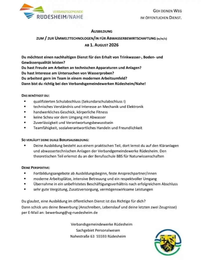Image from Verbandsgemeinde Rüdesheim: Wir suchen dich : 💦 *AUSBILDUNG
ZUM / ZUR UMWELTTECHNOLOGEN/IN FÜR ...