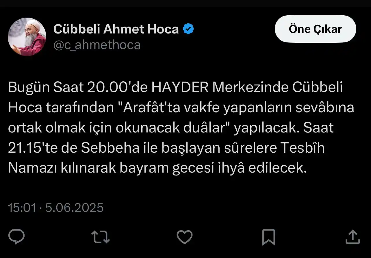Image from Cübbeli Ahmet Hoca: Bugün Saat 20.00'de HAYDER Merkezinde Cübbeli Hoca tarafından "Arafât'...