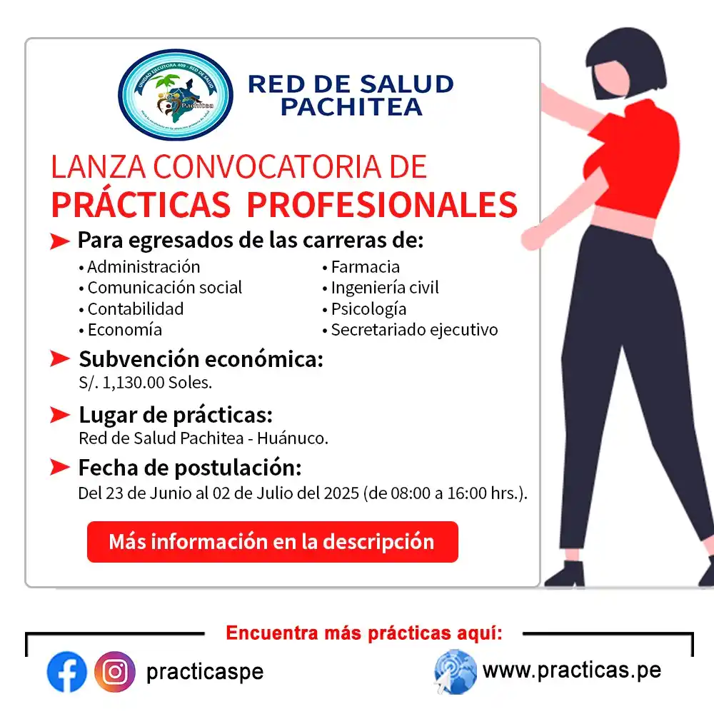 Image from Convocatorias Administración: Empleos - Prácticas - Capacitaciones: 🚨 Convocatoria de Prácticas en RED DE SALUD PACHITEA Se requiere 14...