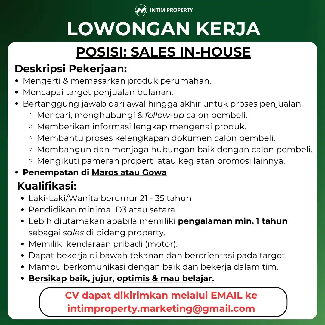 Image from Loker Makassar Terkini: Dibutuhkan SALES IN-HOUSE di PT. INTIM ABADI PERSADA. Penempatan di Ma...