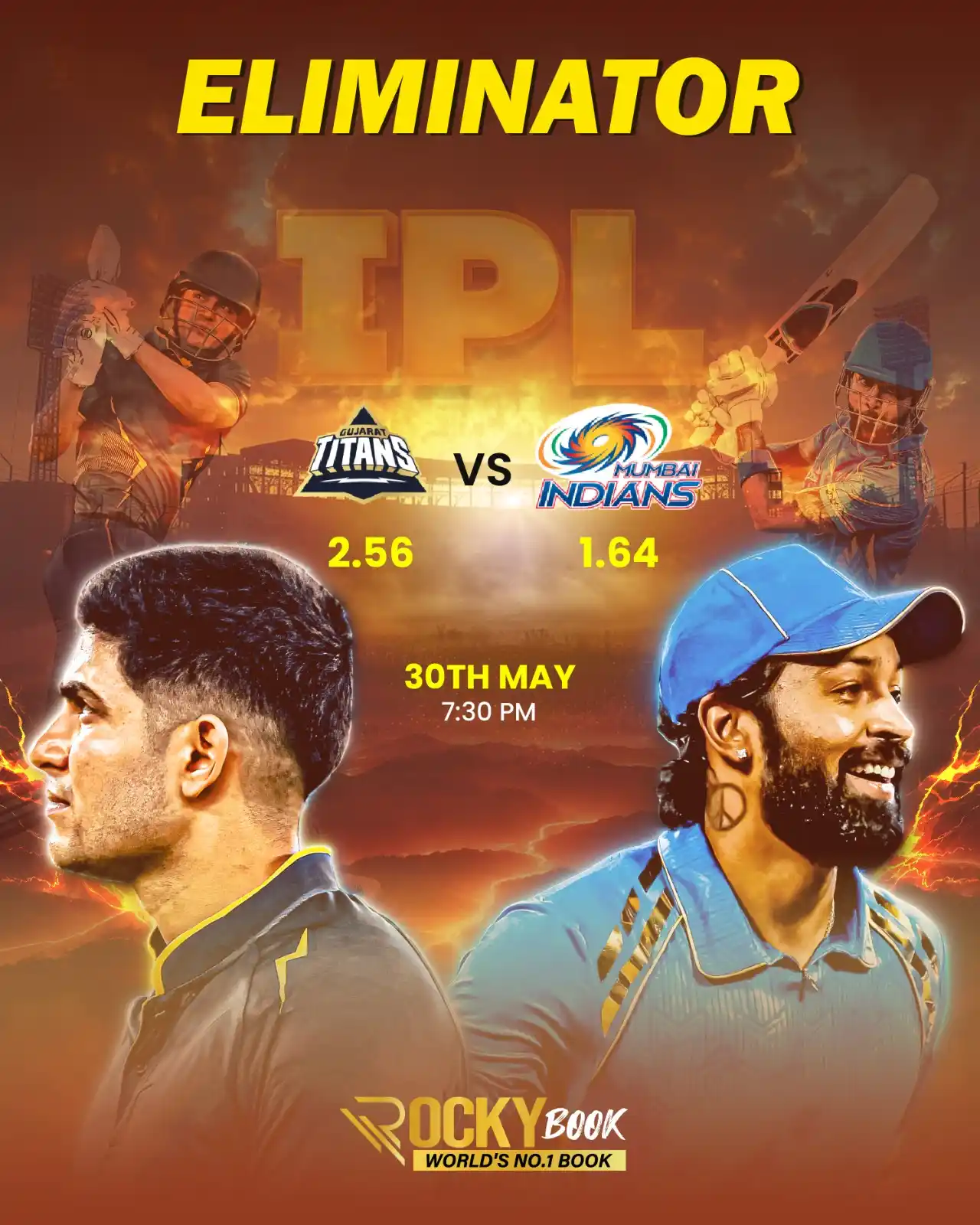 Image from Official RockyBook: 🏏 Eliminator Clash Alert! Gujarat Titans 🆚 Mumbai Indians – the road...