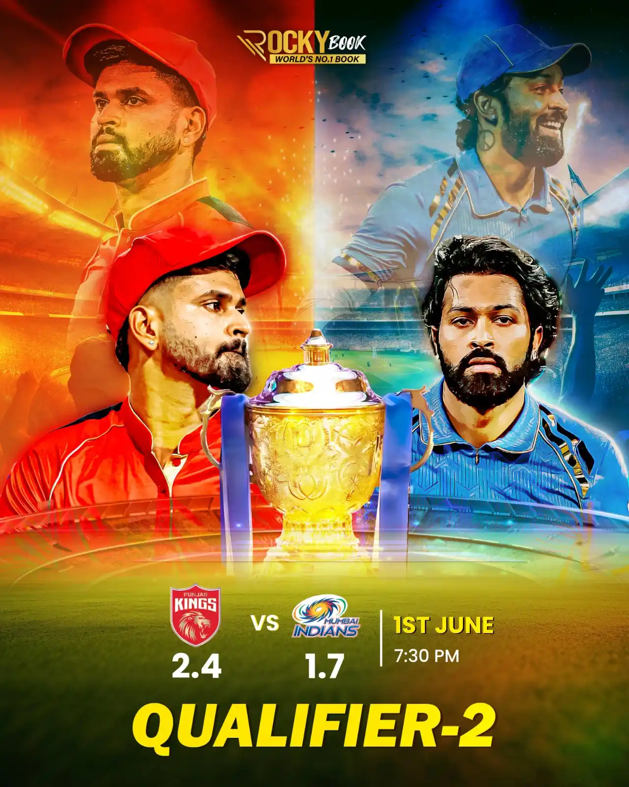 Image from Official RockyBook: 🏏 Eliminator Clash Alert! Punjab Kings 🆚 Mumbai Indians – the fire m...