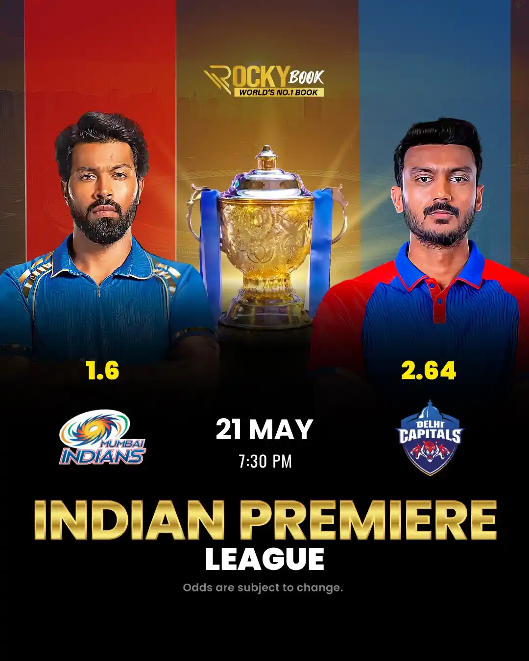 Image from Official RockyBook: 🏏 Epic Clash Alert! Mumbai Indians 🆚 Delhi Capitals – a battle of ch...