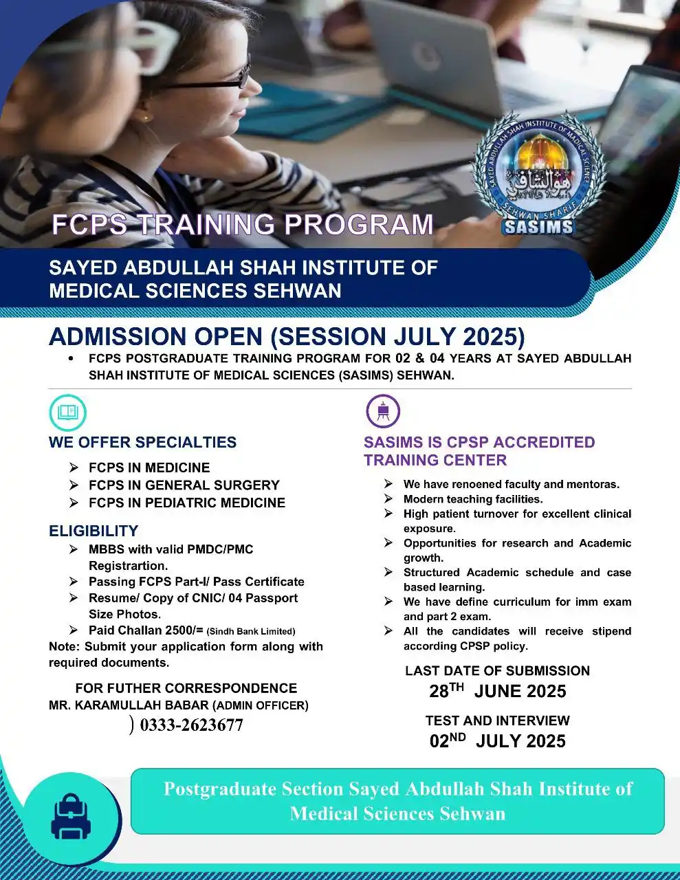 Image from PHARMA & HEALTHCARE CAREERS & JOBS DEVELOPMENT CHANNEL WORLDWIDE: 🎓 FCPS Training Program(July 2025) 📍 SASIMS , Sehwan ✅ Medicine | Ge...