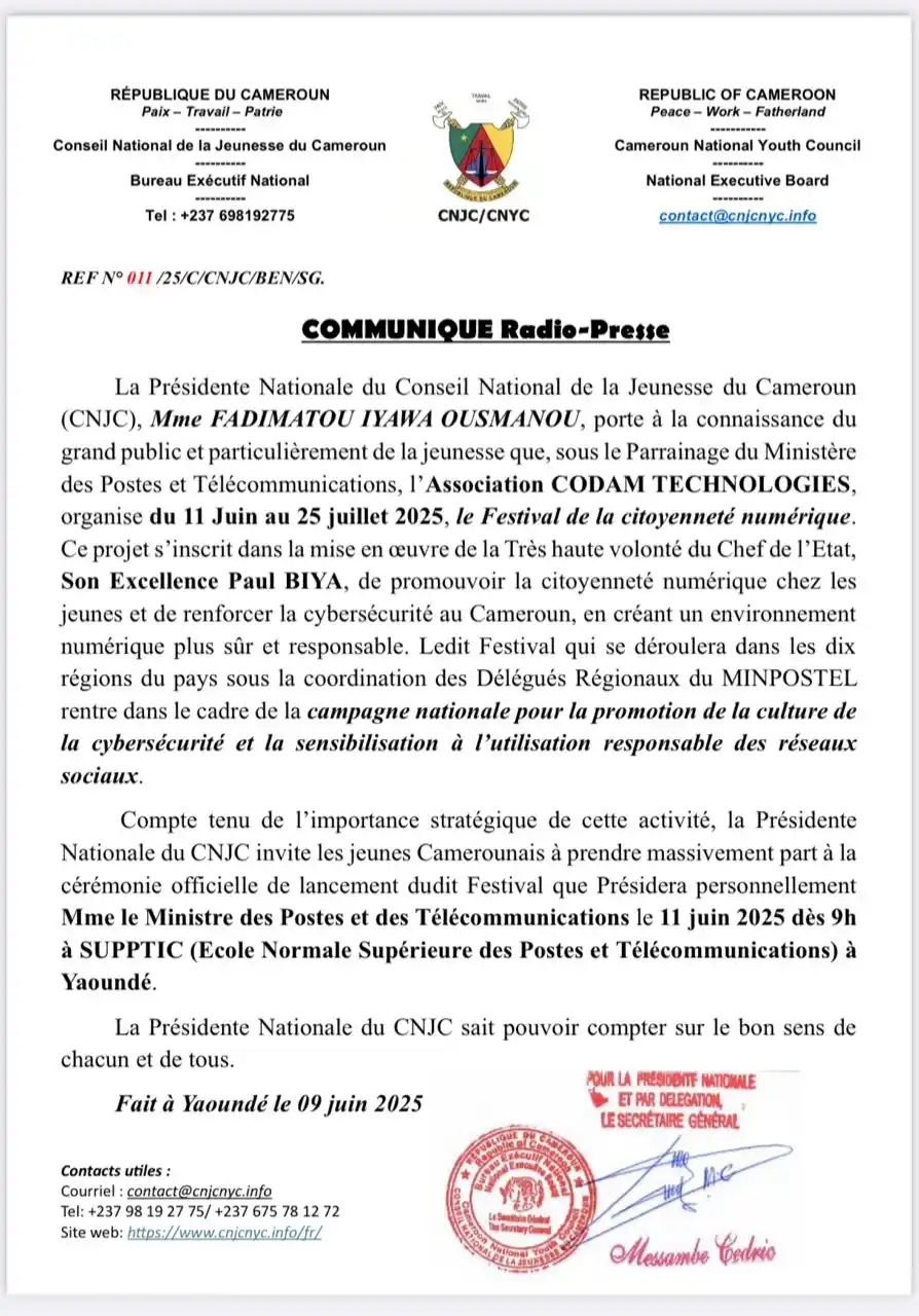 Image from CNJC-CNYC info 🇨🇲Cameroon National Youth Council / Conseil National de la Jeunesse Du Cameroun 🇨🇲 : *Festival de la Citoyenneté Numérique 2025* 🇨🇲 Sous le haut patrona...