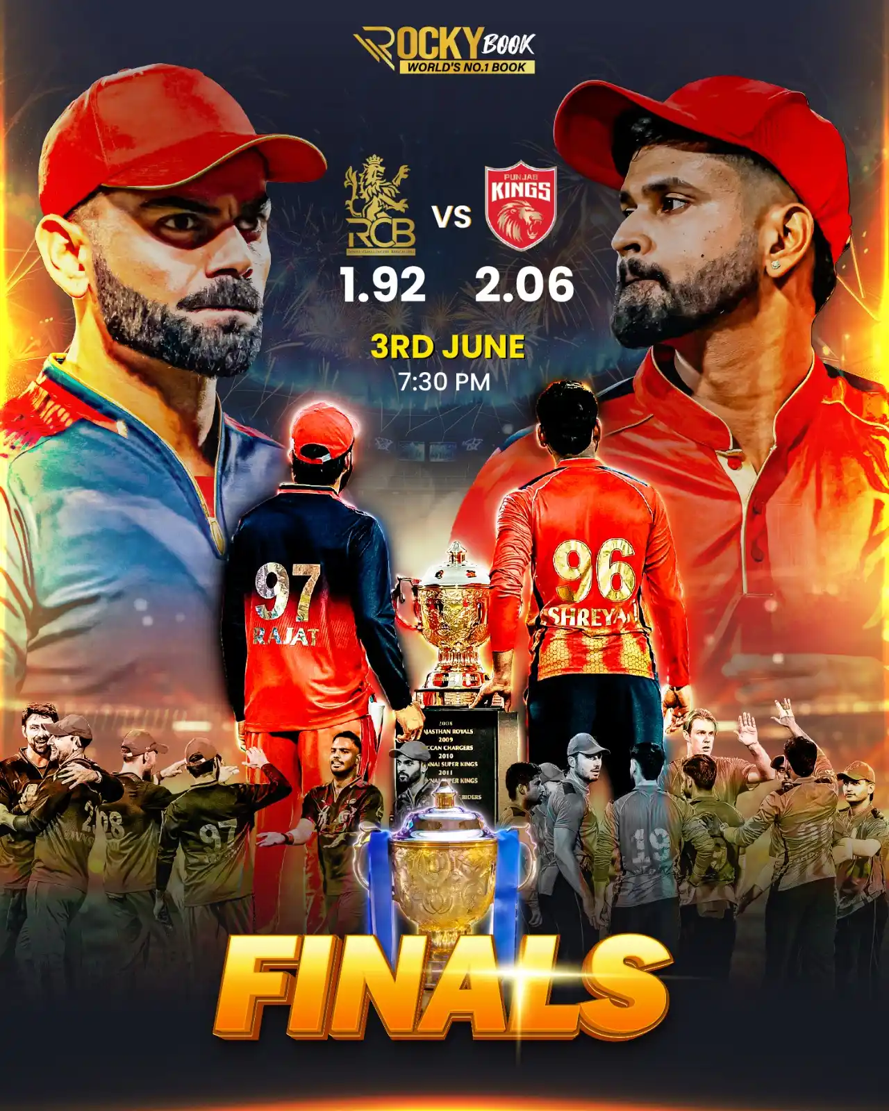 Image from Official RockyBook: 🏏 FINAL SHOWDOWN ALERT! Royal Challengers Bengaluru 🆚 Punjab Kings –...