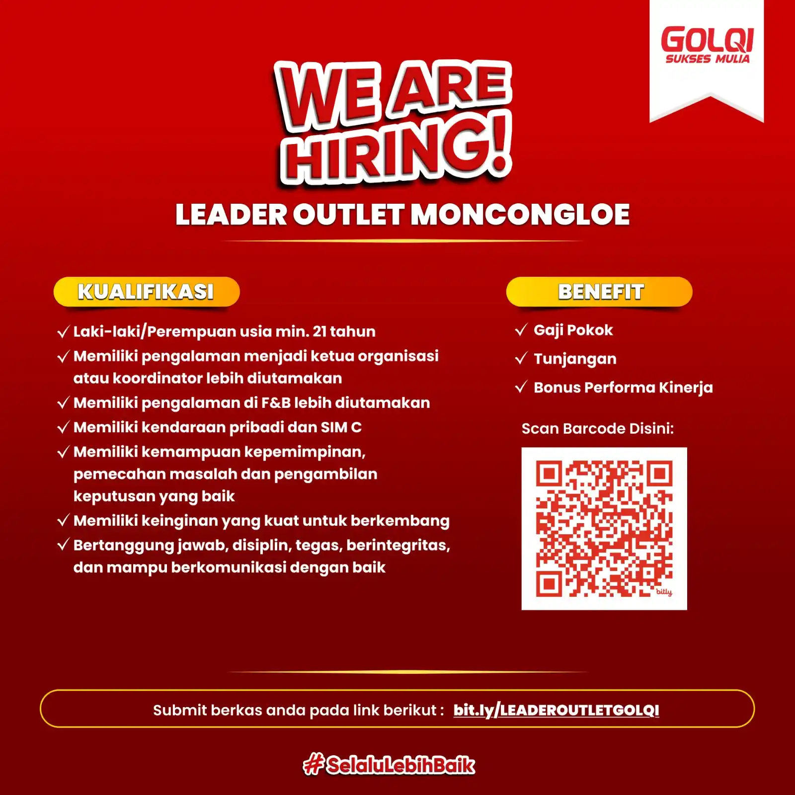 Image from Loker Makassar Terkini: Hi Jobseeker! PT Golqi Sukses Mulia is hiring! Position : - Leader Ou...