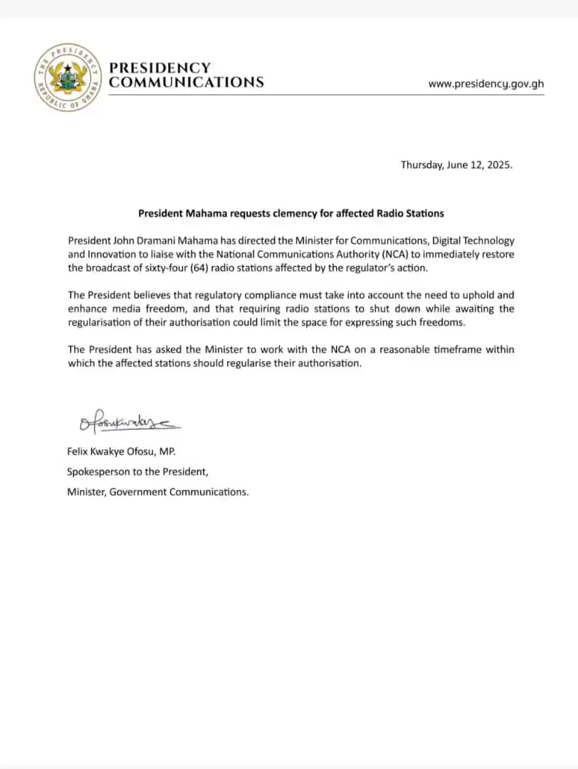 Image from Gezghana.com : Mahama calls for clemency as NCA shuts down 64 radio stations. <a cl...