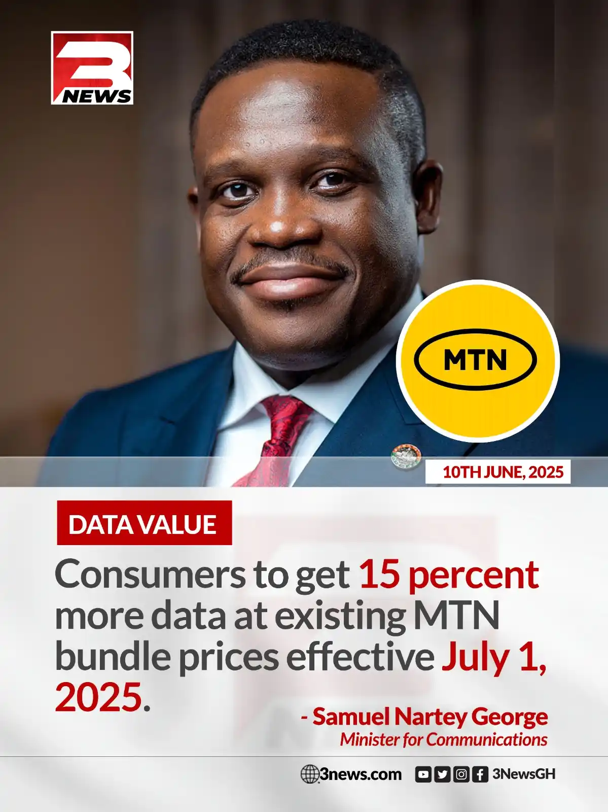 Image from 3News: Minister for Communications, Sam George has announced a 15% increment ...
