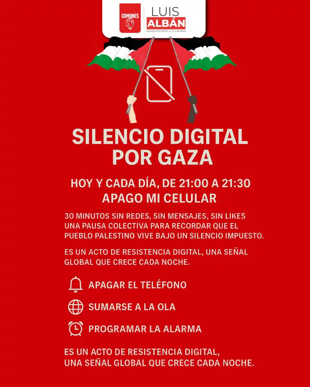Image from ¡Albán presente!: 📵 SILENCIO DIGITAL POR GAZA Hoy y cada día, de 21:00 a 21:30, apago m...