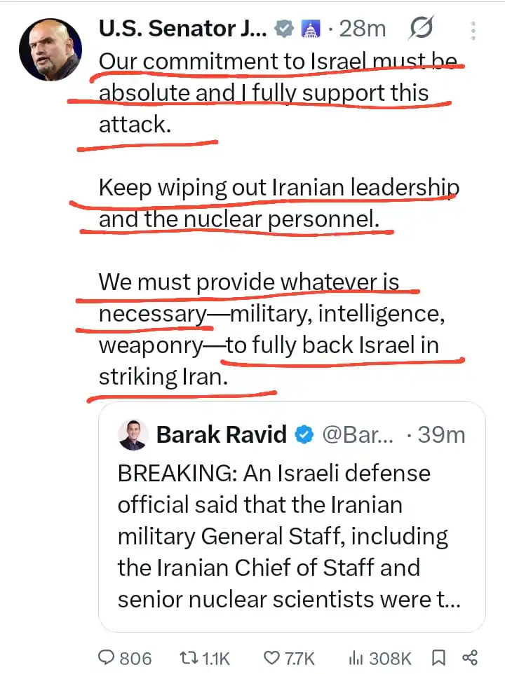 Image from USBB BREAKING NEWS EN ESPAÑOL: ⬆️🔴🧐 *ÚLTIMA HORA* 🚨 🇺🇸 🇮🇱🇮🇷 *El Senador demócrata John Fet...