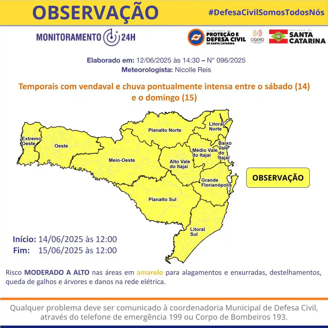 Image from PROTEÇÃO E DEFESA CIVIL • SANTA CATARINA: 🟡 *ATENÇÃO!* Final de semana será marcada com chuva intensa e tempo...