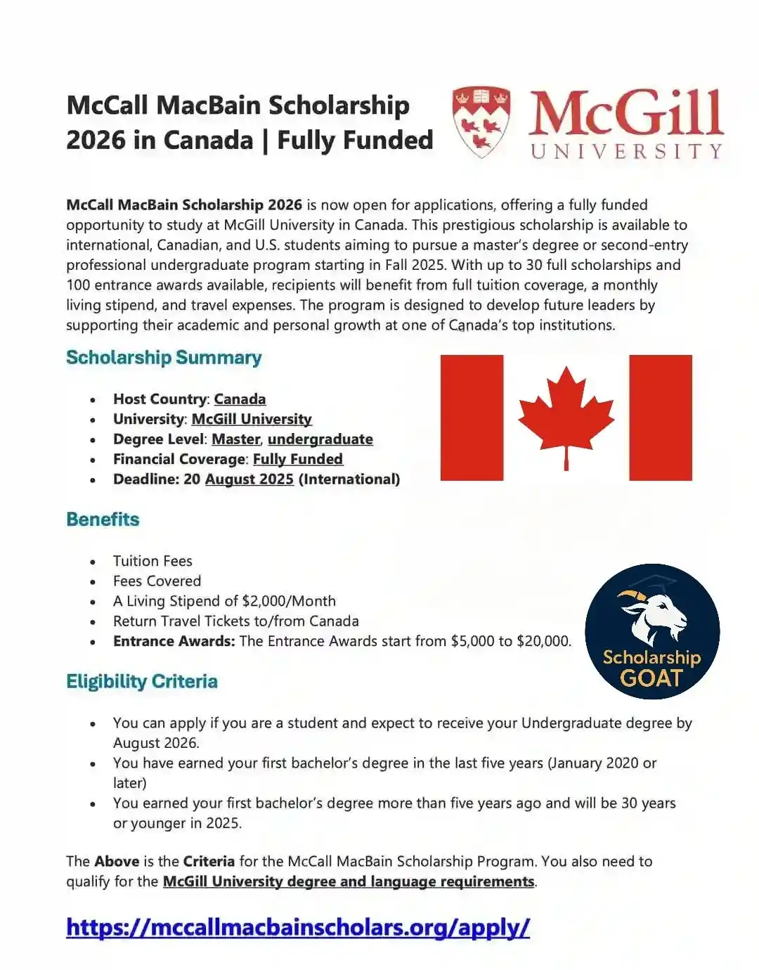 Image from GBC Students Support Network: 🇨🇦McCall MacBain Scholarship 2026 – Study in Canada Fully Funded! 🇨...