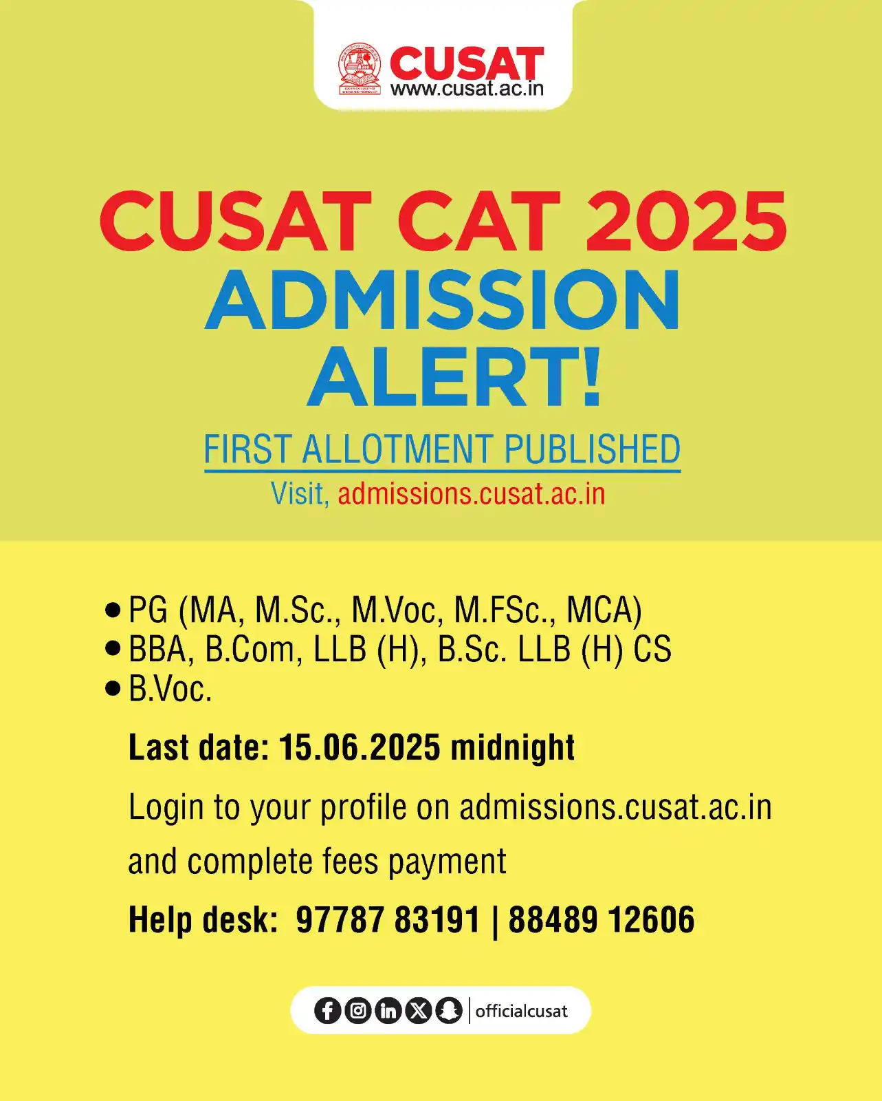 Image from Cochin University of Science and Technology: CUSAT CAT 2025.ADMISSION ALERT! Login to your profile on admissions.cu...