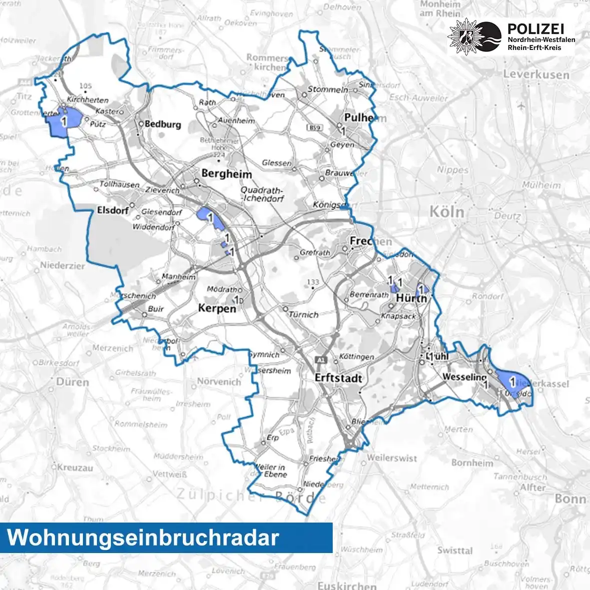 Image from Polizei NRW Rhein-Erft-Kreis: Die Polizei informiert wöchentlich über die Aktionsgebiete der Einbrec...