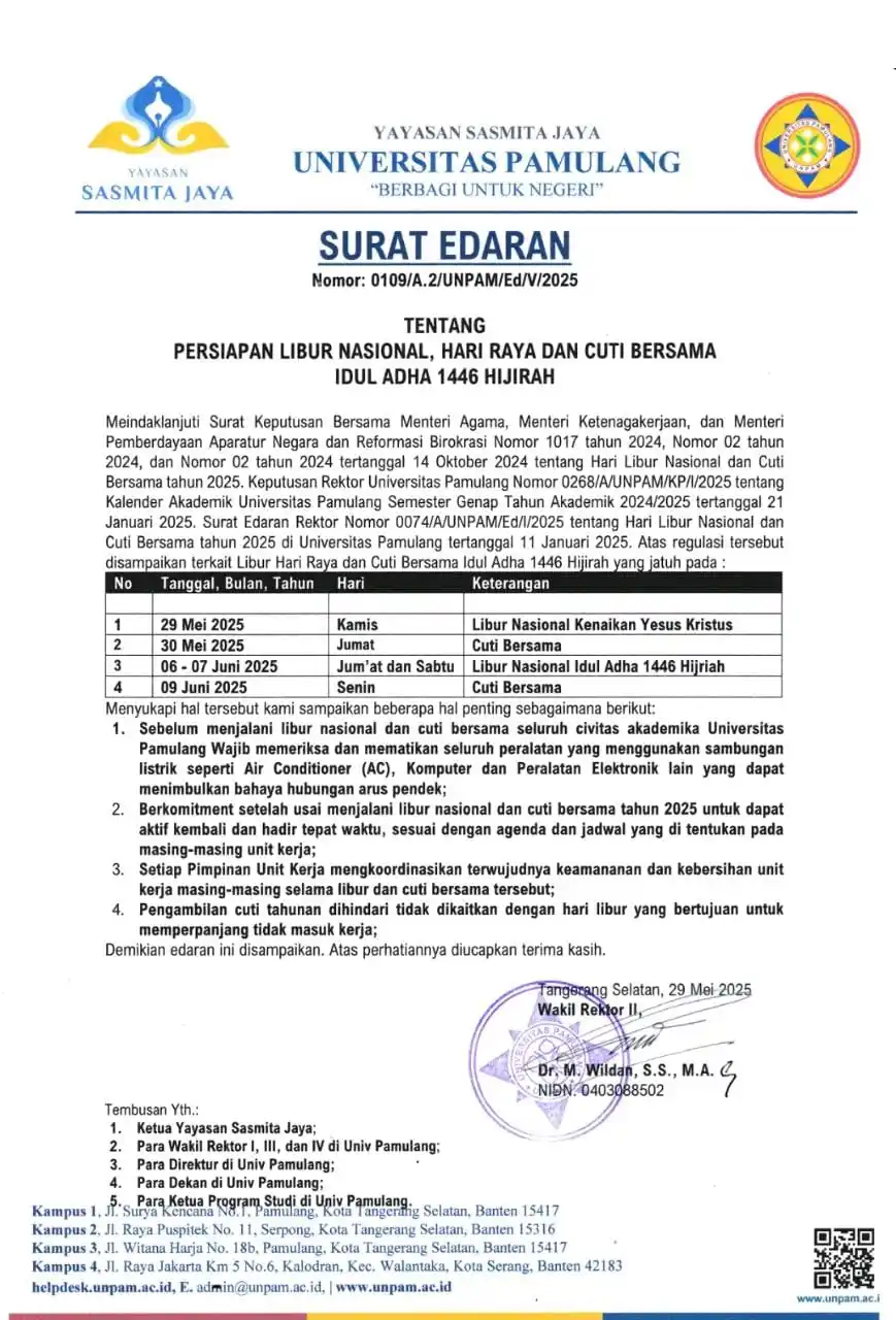 Image from Pamulang University Info.: *HALLO MAHASISWA/I UNPAM* Selamat Menunaikan cuti bersama dan Idul Adh...