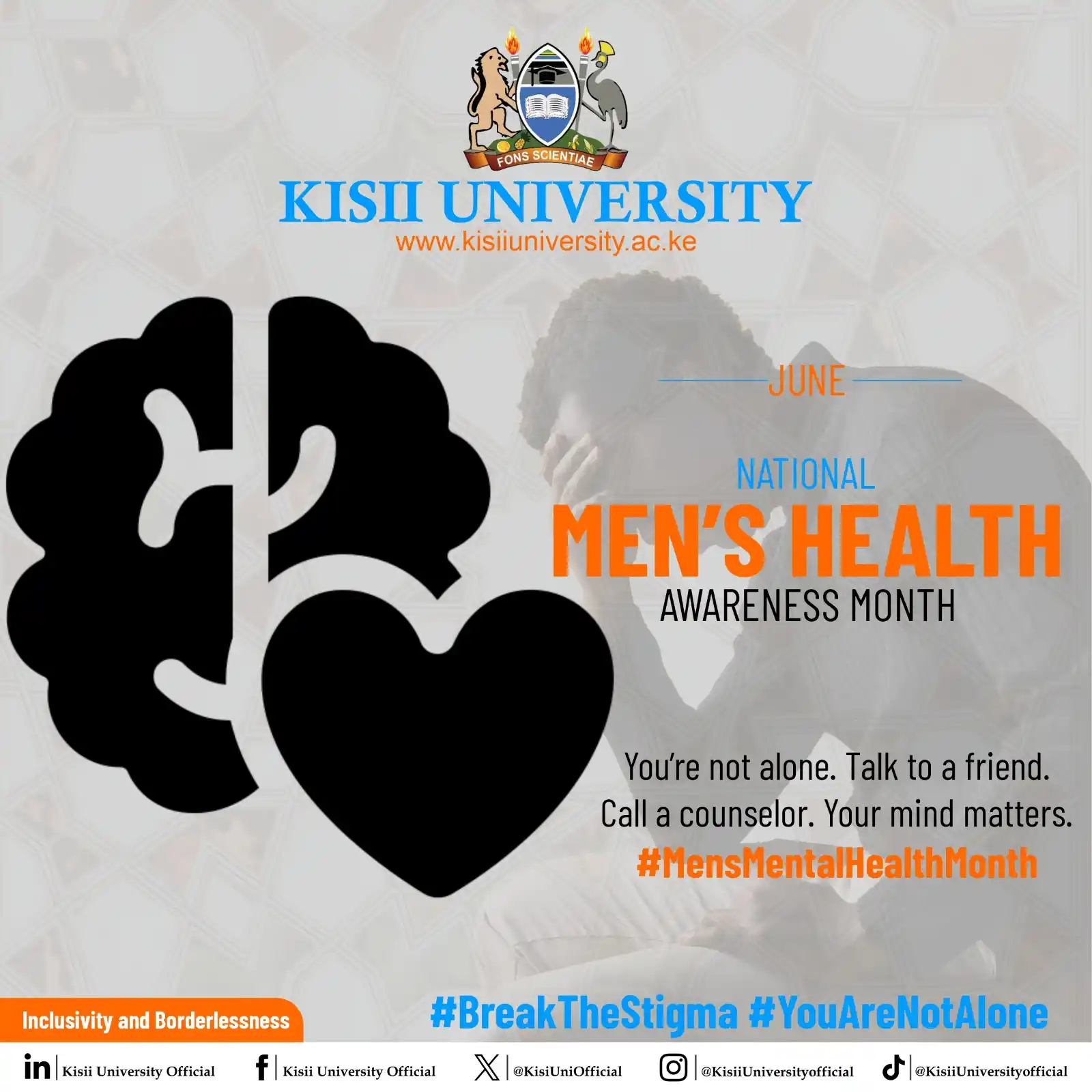 Image from KISII UNIVERSITY: In this month of Men's Mental Health, take a minute to give a shoulder...