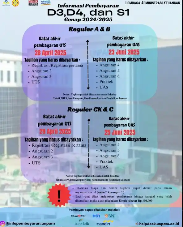 Image from Pamulang University Info.: INFORMASI PEMBAYARAN JENJANG D3, D4, DAN S1 Hello teman-teman mahas...