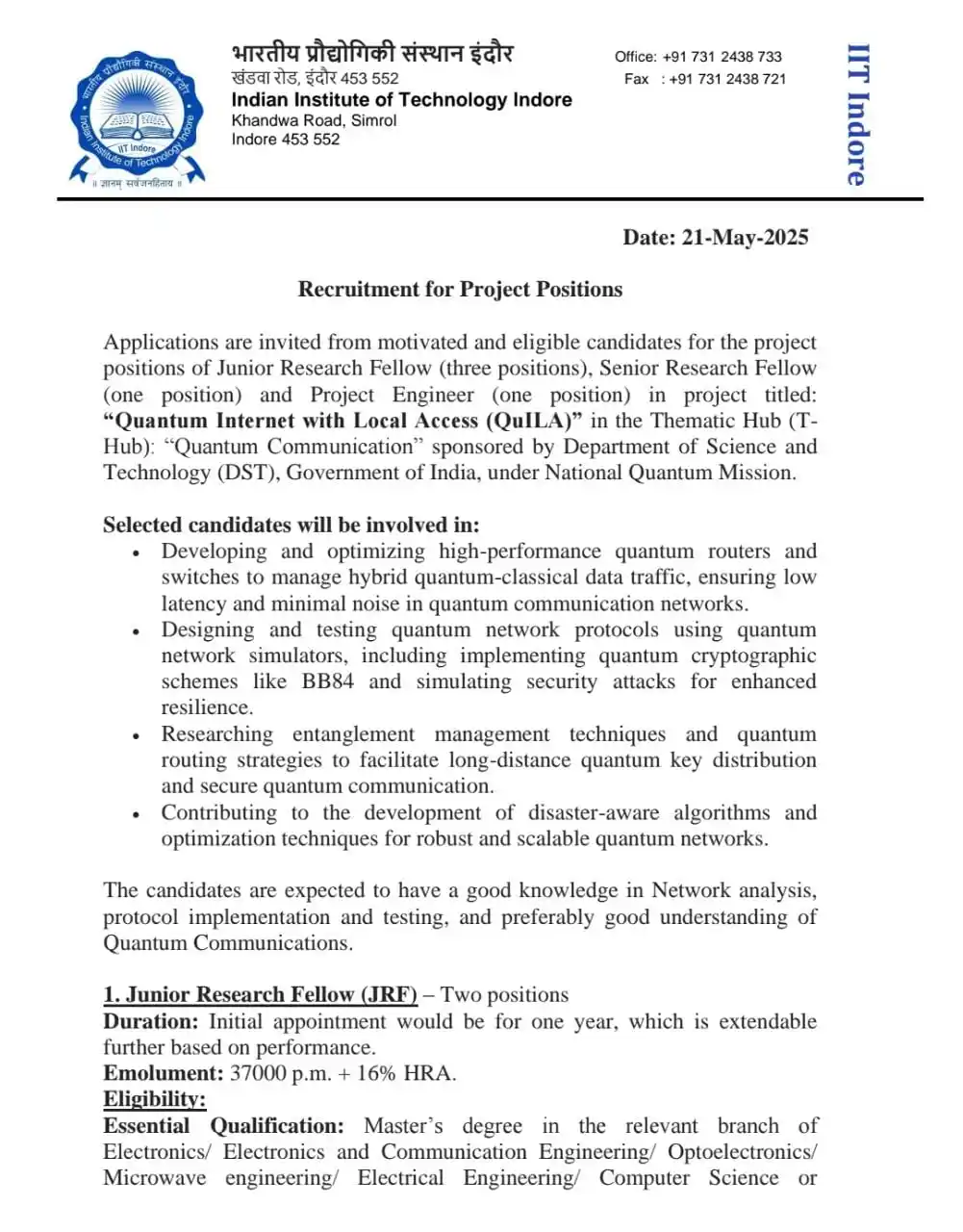 Image from Physics Aspirants: JRF and SRF position at IIT Indore https://www.iiti.ac.in/public/stor...