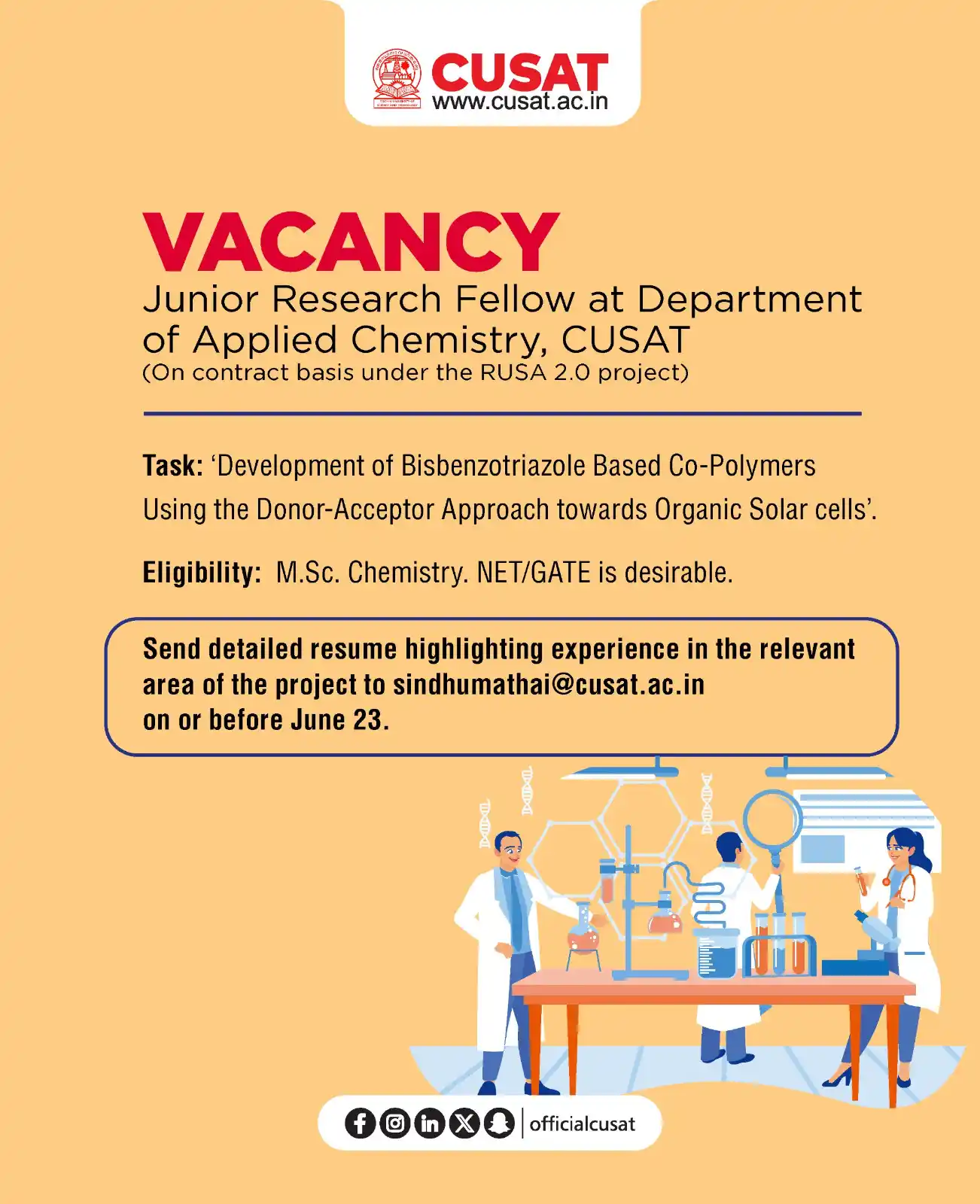 Image from Cochin University of Science and Technology: Junior Research Fellow at Department of Applied Chemistry (On contract...